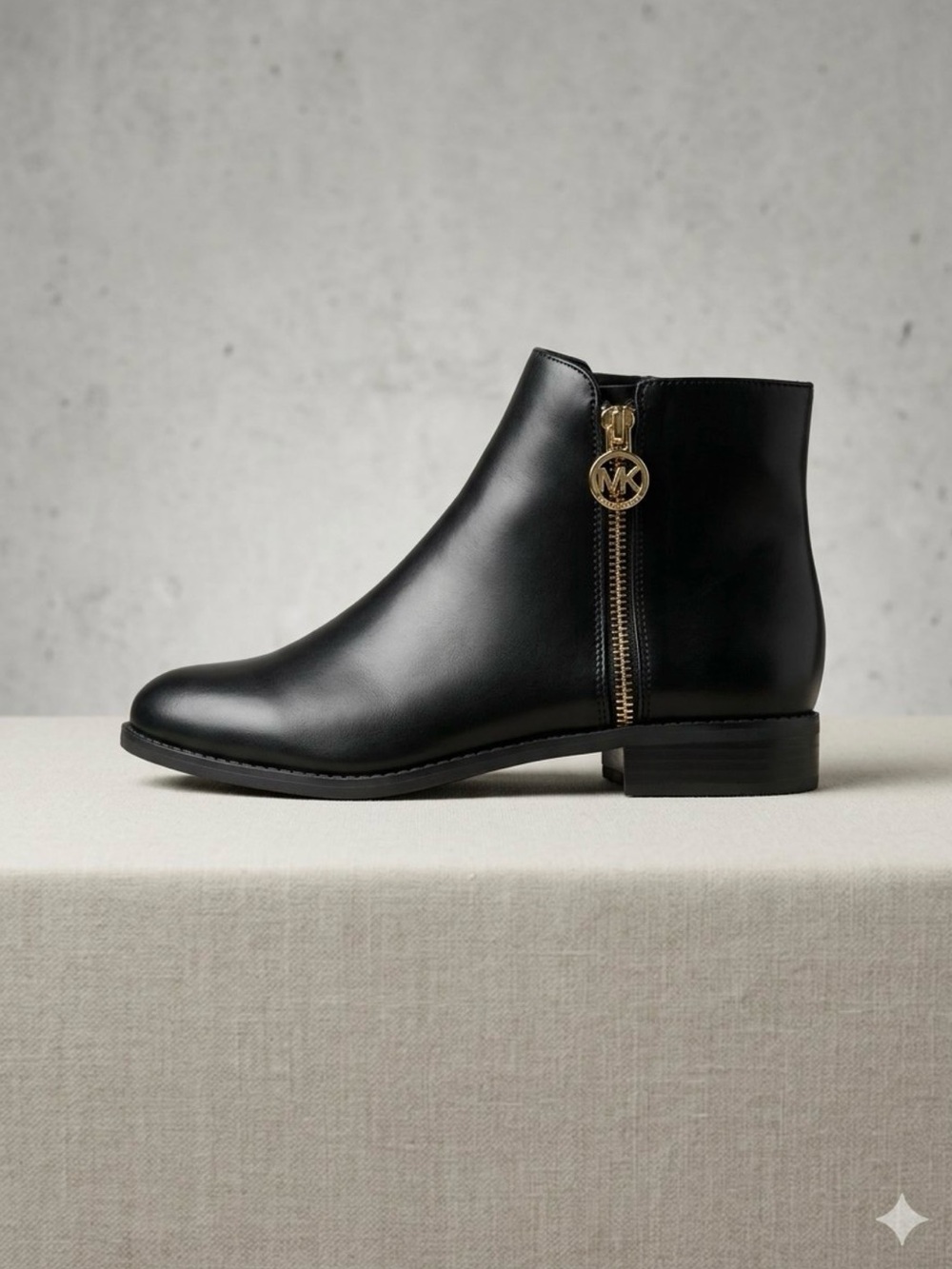Michael Kors Black Faux Leather Ankle Boot with Gold Logo Zip